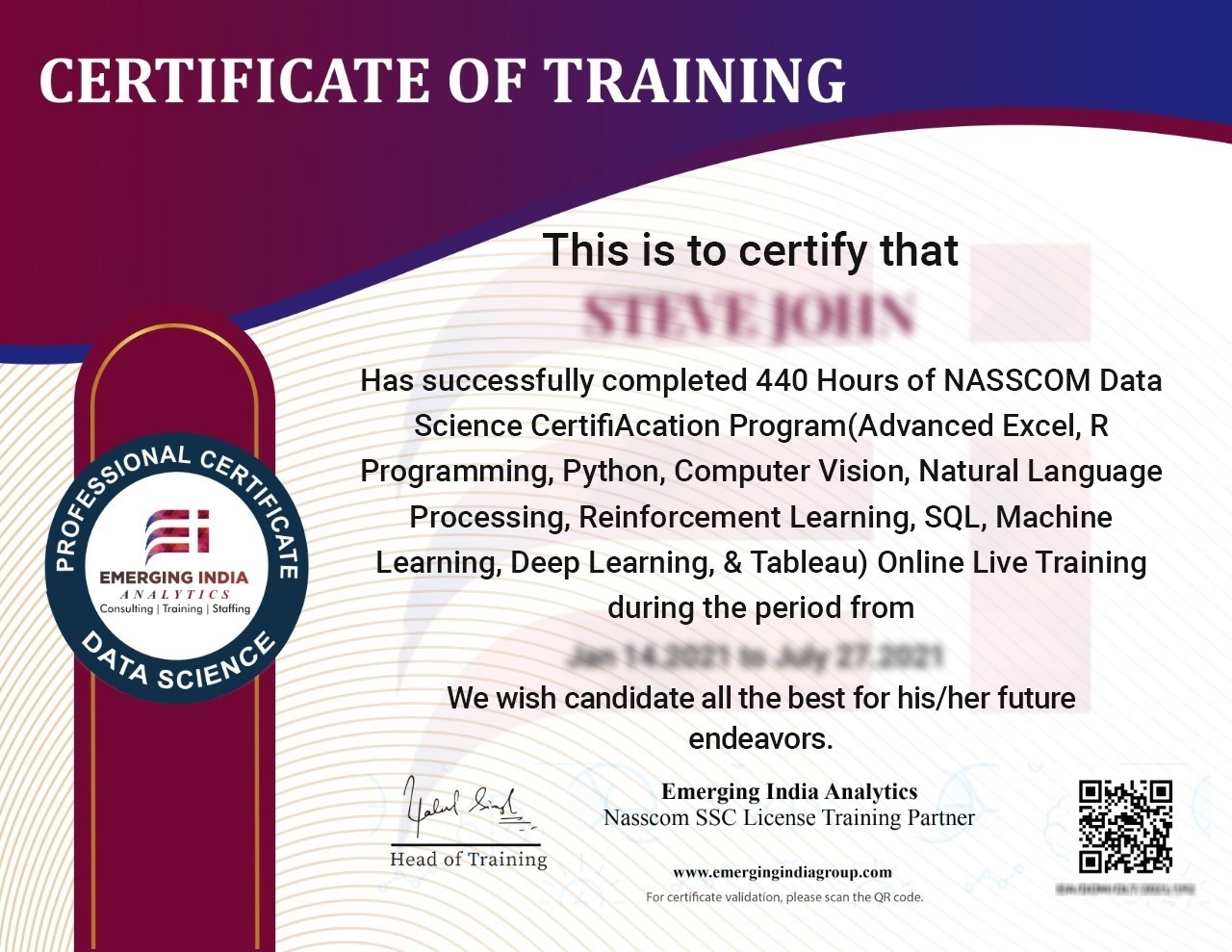 440 Hours Nasscom Data Science Program Sample Certificate