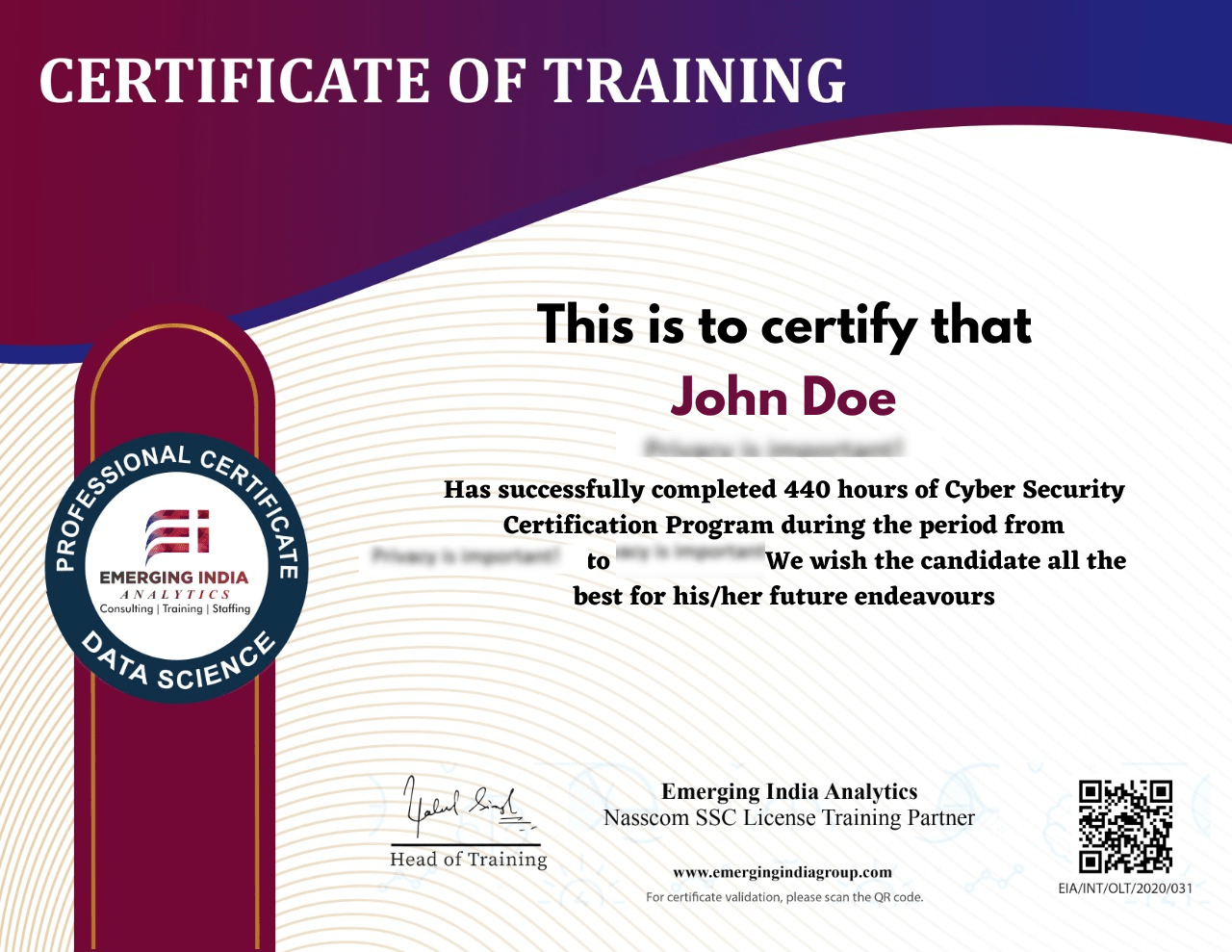 Emerging India Analytics 440 hours cybersecurity certificate sample