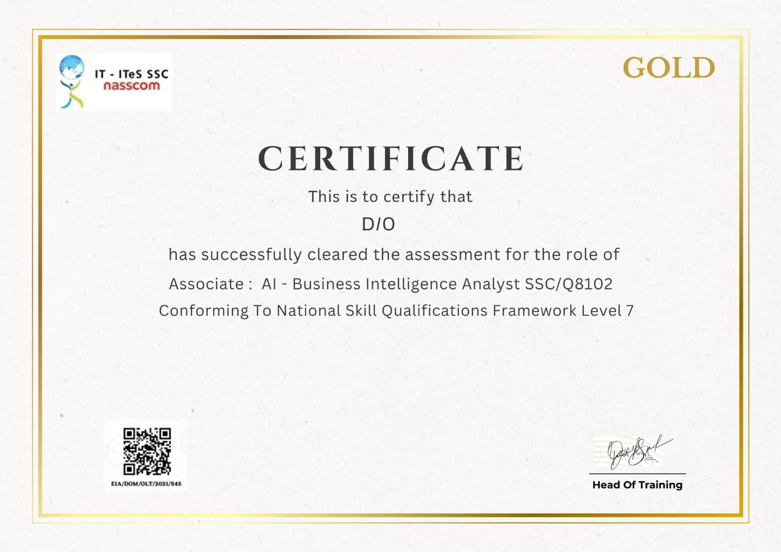 NASSCOM data science sample certificate